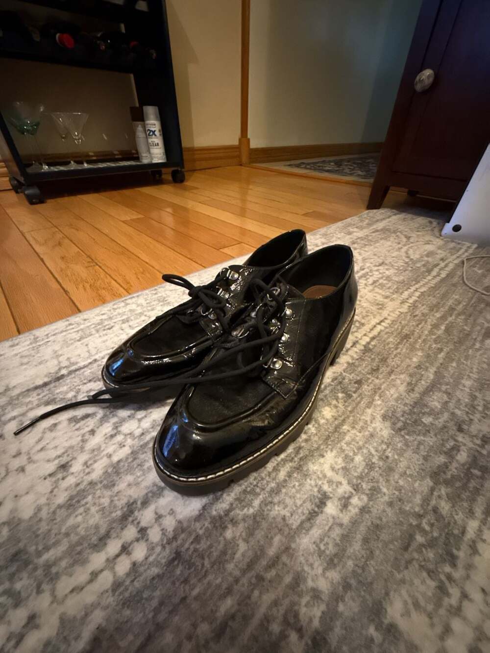 Donald Pliner Black Patent Leather and Dyed Cow Hair Calf Lace-Up Lug Sole Shoes